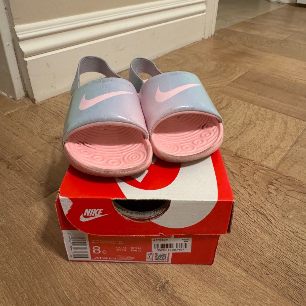 Nike Pink and Gray Slide Sandals Iridescent Swoosh